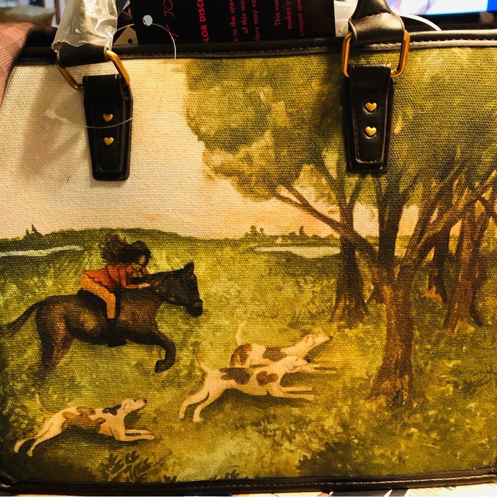 Authentic Betsey Johnson Satchel Crossbody Purse - Equine Canvas With Dogs NWT